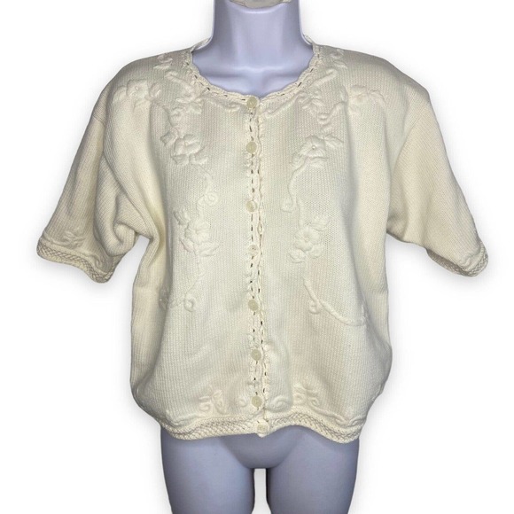 VTG Hand Embroidered Cape Isle Knitters Medium Cardigan Sweater Ivory Floral EUC - Picture 1 of 10